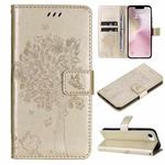 For iPhone SE 2024 Tree & Cat Embossed Pattern Flip Leather Phone Case(Gold)