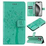 For iPhone 16 Pro Max Tree & Cat Embossed Pattern Flip Leather Phone Case(Green)