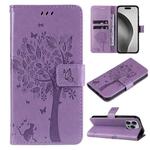 For iPhone 16 Pro Max Tree & Cat Embossed Pattern Flip Leather Phone Case(Light Purple)