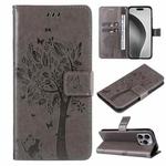 For iPhone 16 Pro Max Tree & Cat Embossed Pattern Flip Leather Phone Case(Grey)