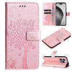 For iPhone 16 Pro Max Tree & Cat Embossed Pattern Flip Leather Phone Case(Rose Gold)