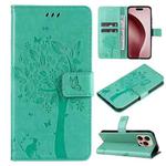 For iPhone 16 Pro Tree & Cat Embossed Pattern Flip Leather Phone Case(Green)