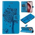 For iPhone 16 Pro Tree & Cat Embossed Pattern Flip Leather Phone Case(Blue)