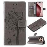 For iPhone 16 Pro Tree & Cat Embossed Pattern Flip Leather Phone Case(Grey)