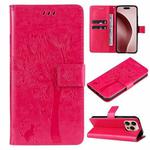 For iPhone 16 Pro Tree & Cat Embossed Pattern Flip Leather Phone Case(Rose Red)