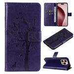 For iPhone 16 Pro Tree & Cat Embossed Pattern Flip Leather Phone Case(Purple)