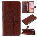 For iPhone 16 Plus Tree & Cat Embossed Pattern Flip Leather Phone Case(Coffee)