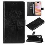 For iPhone 16 Plus Tree & Cat Embossed Pattern Flip Leather Phone Case(Black)