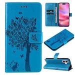 For iPhone 16 Tree & Cat Embossed Pattern Flip Leather Phone Case(Blue)
