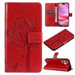 For iPhone 16 Tree & Cat Embossed Pattern Flip Leather Phone Case(Red)