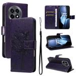 For OnePlus 13R Global Tree & Cat Embossed Pattern Flip Leather Phone Case(Purple)