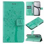 For Realme C65 4G Tree & Cat Embossed Pattern Flip Leather Phone Case(Green)