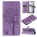 For Realme C65 4G Tree & Cat Embossed Pattern Flip Leather Phone Case(Light Purple)