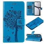 For Realme C65 4G Tree & Cat Embossed Pattern Flip Leather Phone Case(Blue)