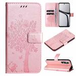 For Realme C65 4G Tree & Cat Embossed Pattern Flip Leather Phone Case(Rose Gold)