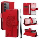 For Realme 14x 5G Global Tree & Cat Embossed Pattern Flip Leather Phone Case(Red)