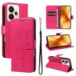 For Realme 15 5G Tree & Cat Embossed Pattern Flip Leather Phone Case(Rose Red)
