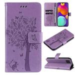 For Samsung Galaxy M62 / F62 Tree & Cat Embossed Pattern Flip Leather Phone Case(Light Purple)