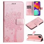 For Samsung Galaxy M62 / F62 Tree & Cat Embossed Pattern Flip Leather Phone Case(Rose Gold)