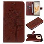 For vivo V29e Global / Y200 5G Global Tree & Cat Embossed Pattern Flip Leather Phone Case(Coffee)
