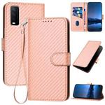 For vivo Y30 4G Global YX0070 Carbon Fiber Buckle Leather Phone Case with Lanyard(Pink)