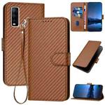 For vivo Y70s YX0070 Carbon Fiber Buckle Leather Phone Case with Lanyard(Coffee)