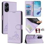 For OPPO A98 5G / F23 5G India Cat Rat Embossed Pattern RFID Leather Phone Case with Lanyard(Purple)