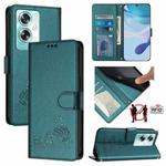 For OPPO A79 5G Global Cat Rat Embossed Pattern RFID Leather Phone Case with Lanyard(Peacock Green)