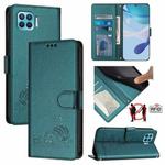 For OPPO F17 Pro / A93 2020 4G Global Cat Rat Embossed Pattern RFID Leather Phone Case with Lanyard(Peacock Green)
