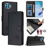 For OPPO Reon4 Lite / Reon4 F Cat Rat Embossed Pattern RFID Leather Phone Case with Lanyard(Black)