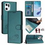 For OPPO Find X5 Cat Rat Embossed Pattern RFID Leather Phone Case with Lanyard(Peacock Green)