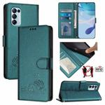 For OPPO Reno5 4G / Reno5 5G Cat Rat Embossed Pattern RFID Leather Phone Case with Lanyard(Peacock Green)