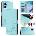 For OPPO Reno7 5G Global Cat Rat Embossed Pattern RFID Leather Phone Case with Lanyard(Mint Green)