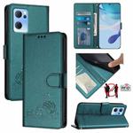 For OPPO Reno7 5G Global Cat Rat Embossed Pattern RFID Leather Phone Case with Lanyard(Peacock Green)