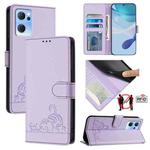 For OPPO Reno7 5G Global Cat Rat Embossed Pattern RFID Leather Phone Case with Lanyard(Purple)