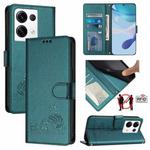 For OPPO Reno8 Pro 5G Global Cat Rat Embossed Pattern RFID Leather Phone Case with Lanyard(Peacock Green)