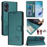 For OPPO Reno8 T 4G Global Cat Rat Embossed Pattern RFID Leather Phone Case with Lanyard(Peacock Green)