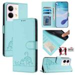 For OPPO Reno9 5G / Reno9 Pro 5G Cat Rat Embossed Pattern RFID Leather Phone Case with Lanyard(Mint Green)