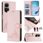 For OPPO Reno10 Global Cat Rat Embossed Pattern RFID Leather Phone Case with Lanyard(Pink)