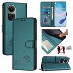 For OPPO Reno10 Pro Global Cat Rat Embossed Pattern RFID Leather Phone Case with Lanyard(Peacock Green)