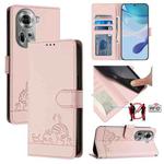 For OPPO Reno11 5G Global Cat Rat Embossed Pattern RFID Leather Phone Case with Lanyard(Pink)