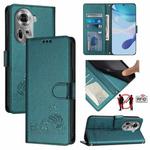 For OPPO Reno11 5G Global Cat Rat Embossed Pattern RFID Leather Phone Case with Lanyard(Peacock Green)