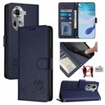 For OPPO Reno11 5G Global Cat Rat Embossed Pattern RFID Leather Phone Case with Lanyard(Blue)