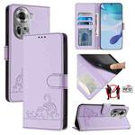 For OPPO Reno11 5G Global Cat Rat Embossed Pattern RFID Leather Phone Case with Lanyard(Purple)