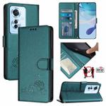 For OPPO Reno11 F 5G Global Cat Rat Embossed Pattern RFID Leather Phone Case with Lanyard(Peacock Green)