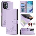 For OPPO Reno8 Z 5G Cat Rat Embossed Pattern RFID Leather Phone Case with Lanyard(Purple)