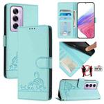 For OPPO Reno12 Pro Global Cat Rat Embossed Pattern RFID Leather Phone Case with Lanyard(Mint Green)