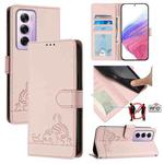 For OPPO Reno12 Pro Global Cat Rat Embossed Pattern RFID Leather Phone Case with Lanyard(Pink)