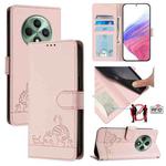 For OPPO Reno12 F Global Cat Rat Embossed Pattern RFID Leather Phone Case with Lanyard(Pink)