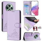 For OPPO Reno12 F Global Cat Rat Embossed Pattern RFID Leather Phone Case with Lanyard(Purple)